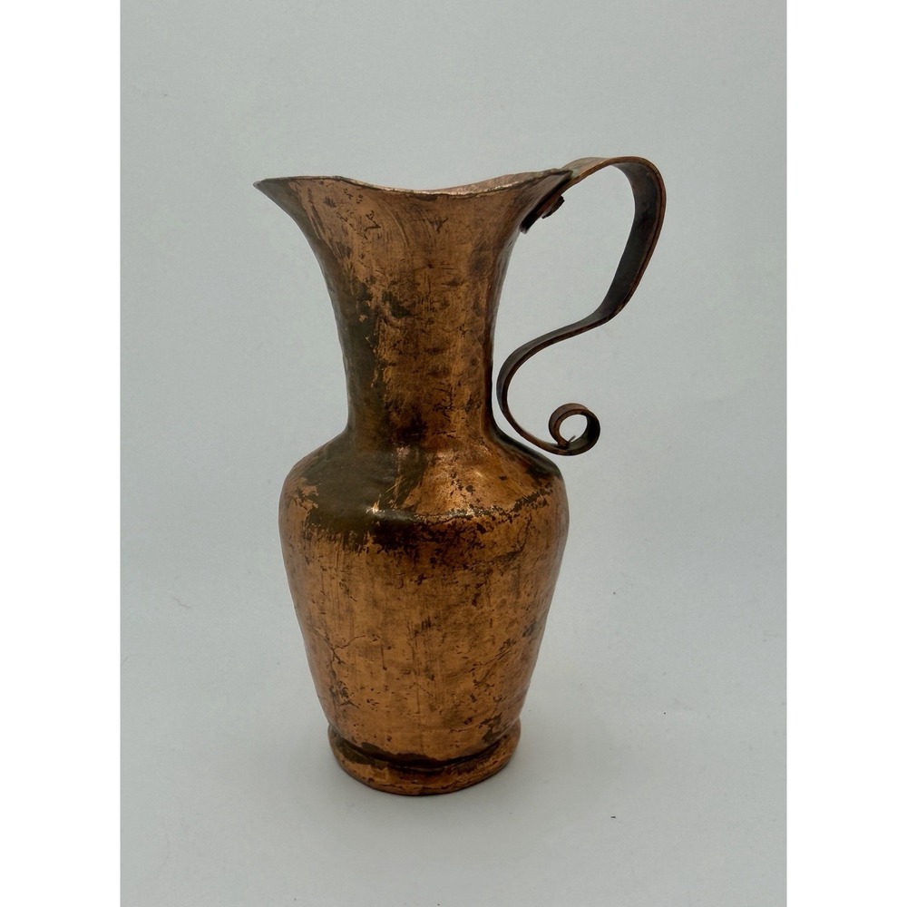 Vintage Hand Hammered Copper Miniature Pitcher Vase 4.5" Scroll Handle Rustic
